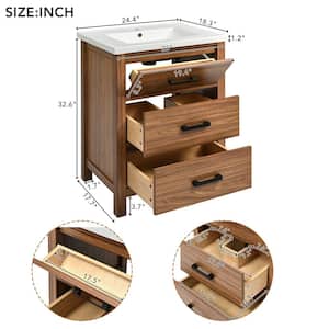24.4 in. W x 18.3 in. D x 32.6 in. H Single Sink Bath Vanity in Natural Wood Color with White Ceramic Top and 3-Drawers