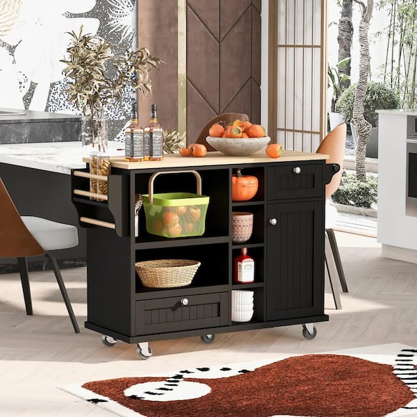 Xspracer Oasis Dark Black Wood 50.8 in. Kitchen Island with Storage Cabinet and 2 Locking Wheels, Solid Wood Desktop
