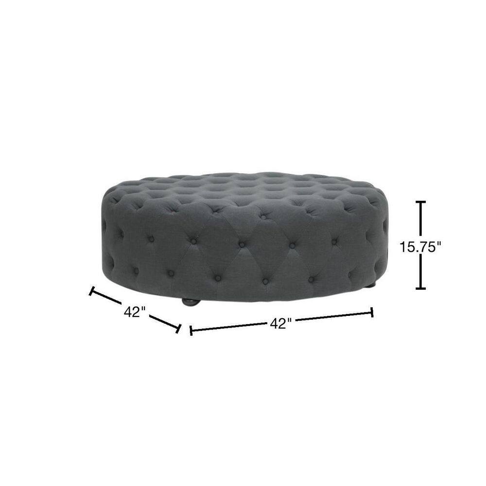 Elysian Dark Gray Linen Round Tufted Ottoman with Eucalyptus Wood