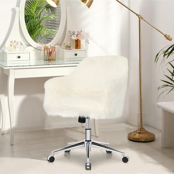White Faux Fur Swivel Office Chair Adjustable Task Chair Fluffy Vanity Chair