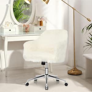 White Faux Fur Swivel Office Chair Adjustable Task Chair Fluffy Vanity Chair