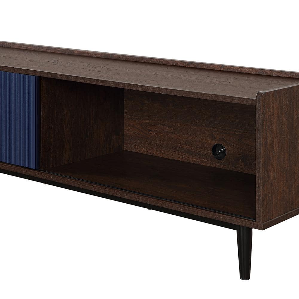 Duane Dark Brown and Navy Blue Ribbed TV Stand with Cabinet