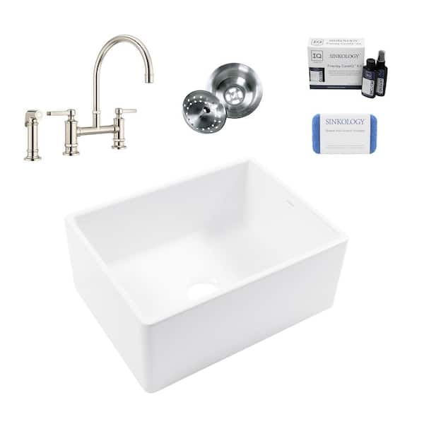 SINKOLOGY Bradstreet II 24 in. Farmhouse Apron Front Undermount Single Bowl White Fireclay Kitchen Sink with Nickel Faucet Kit