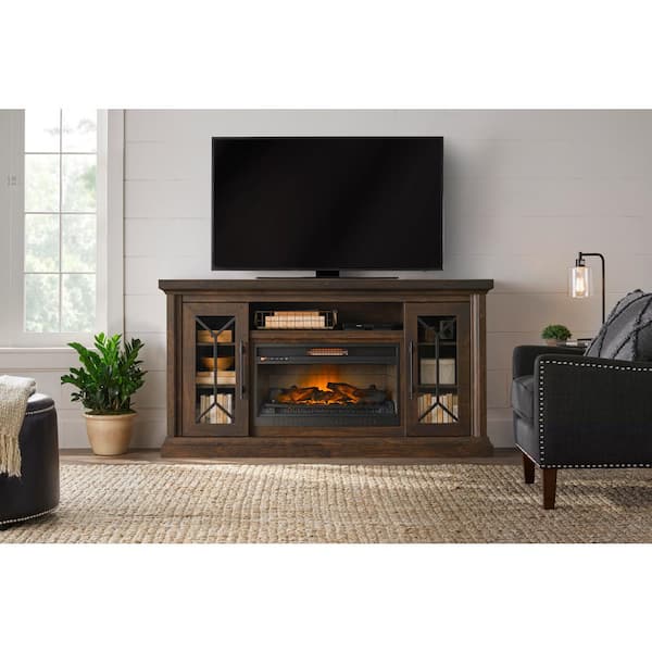 Home Decorators Collection Madison 68 in. Media Console Infrared Electric Fireplace in Medium Brown Acacia with Dark Brown