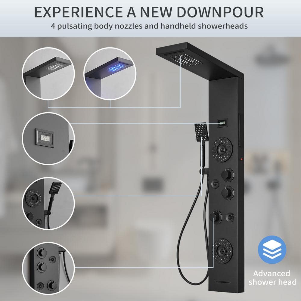 Matte Black 47'' Shower Panel System with LED Light and Body Jets