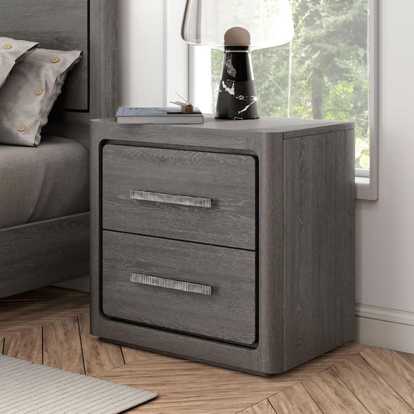 Rally Gray 2-Drawer 27 in. W Nightstand with USB Charging Port, Felt-Lined Top Drawer and Rounded Edges