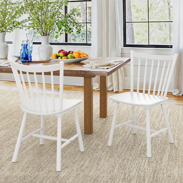 LUE BONA Winston White Classic Windsor Dining Chair Solid Wood Farmhouse Dining Chair with Spindle Back Set of 2
