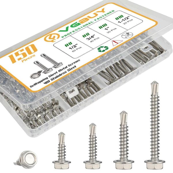 Stainless Steel Self Drilling Screws Assortment Kit, with Hex Washer Head for Metal, Wood and Plastic, Silver (150-Pack)