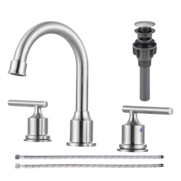 8 in. Widespread 3 Hole Double Handle Bathroom Faucet with Pop-up Drain and cUPC Water Supply Lines in Brushed Nickel
