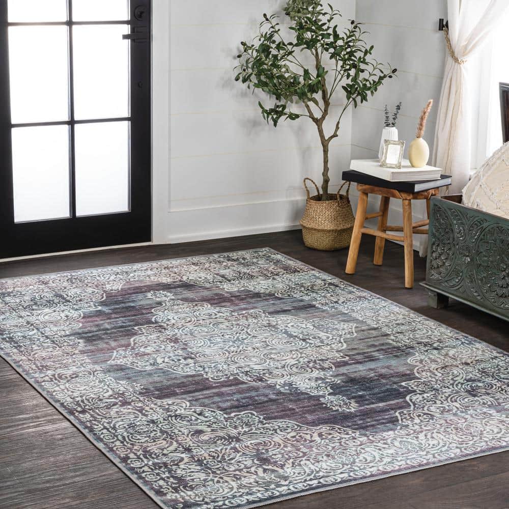 Regis Purple and Cream Medallion Washable Area Rug 8' x 10'