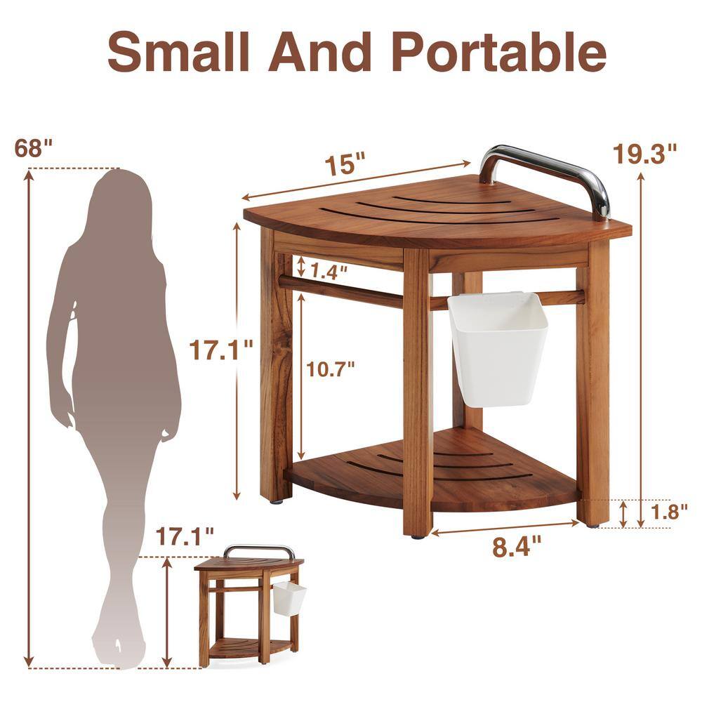 Teak Corner Shower Bench with Handle and Storage