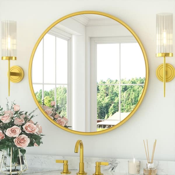 30 in. W x 30 in. H Round Metal Brass Gold Framed Modern Wall Mounted Bathroom Vanity Mirror Wall Mirror