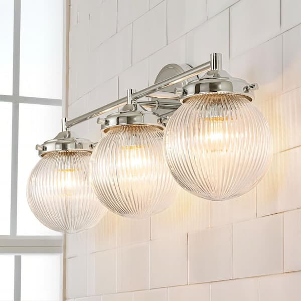 Rennnsan Roxanne 24.4 in. W 3-Light Chrome Modern Ribbed Glass Globe Bubble Bathroom Vanity Light over Mirror