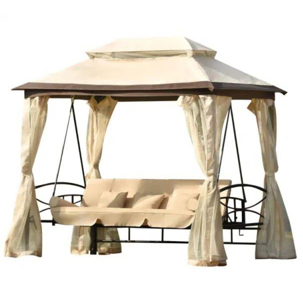 Double Roof 8.9 ft. x 5.9 ft. Khaki Outdoor Gazebo Soft Canopy with Convert
