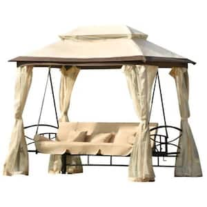 Double Roof 8.9 ft. x 5.9 ft. Khaki Outdoor Gazebo Soft Canopy with Convertible Swing Bench and Mosquito Netting