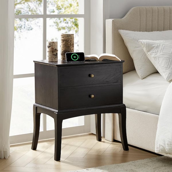 JAYDEN CREATION Wilhelm Charcoal 28 in. H Transitional 2-Drawer Solid Wood Nightstand with Hidden Outlet