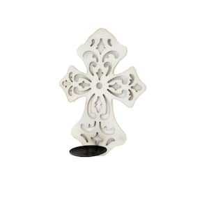 White Cross Shaped Wooden Candle Holder with Scrolled Engravings