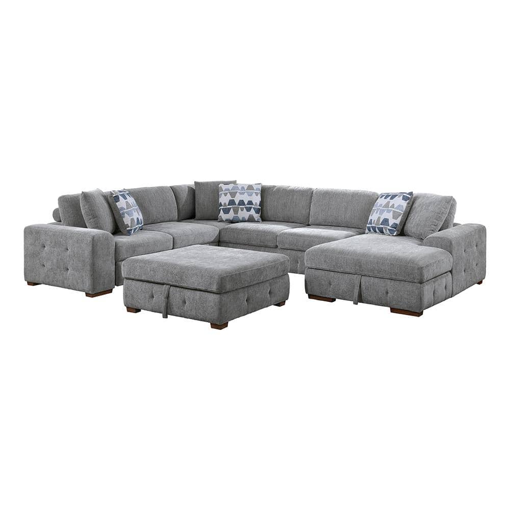 Laconia 143 in. Straight Arm 5-Piece Chenille Sectional Sofa in Gray with R