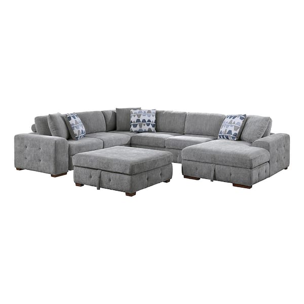 Laconia 143 in. Straight Arm 5-Piece Chenille Sectional Sofa in Gray with Right Chaise and Storage Ottoman