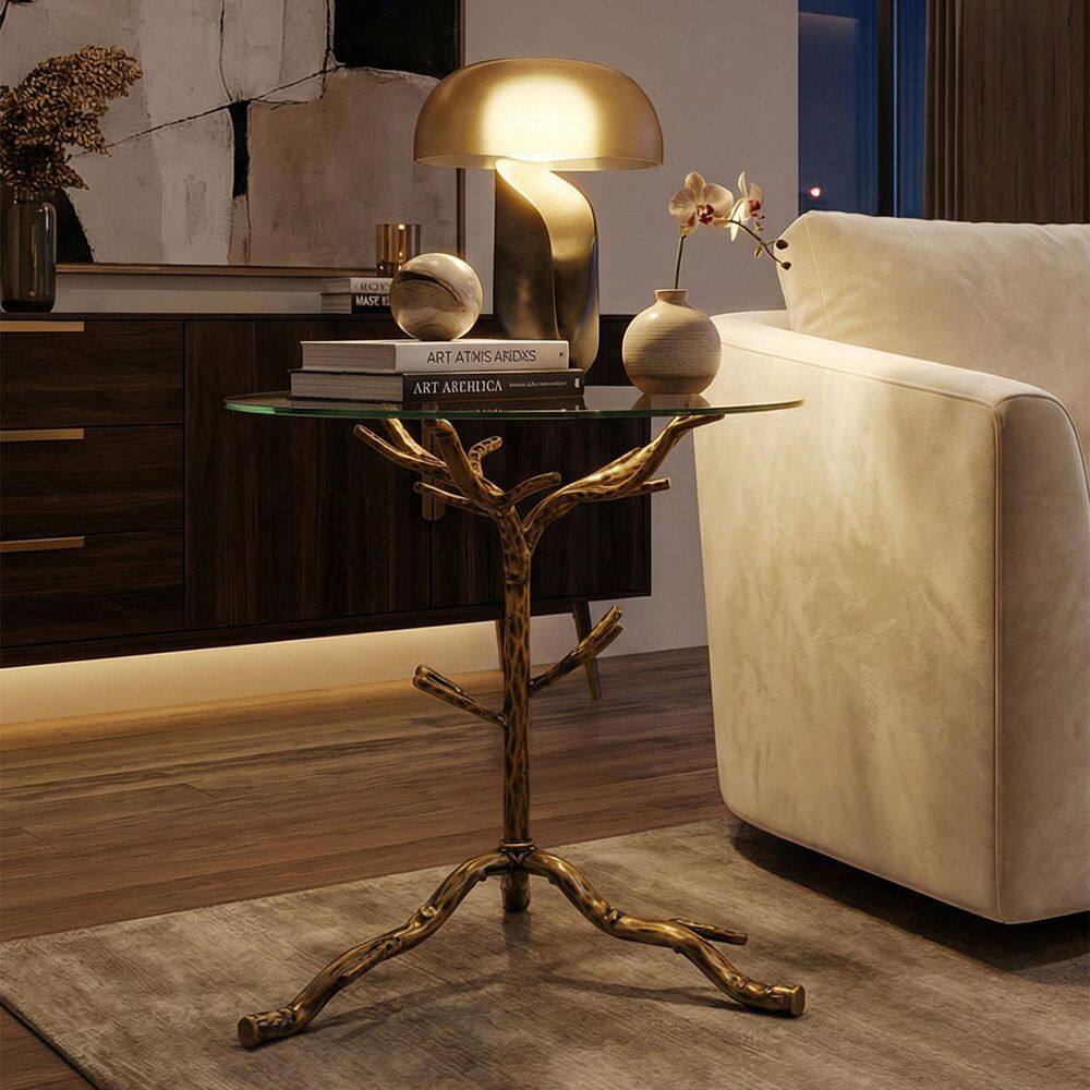 21 in. Gold Round Metal End Table with Marble Tempered Glass Top