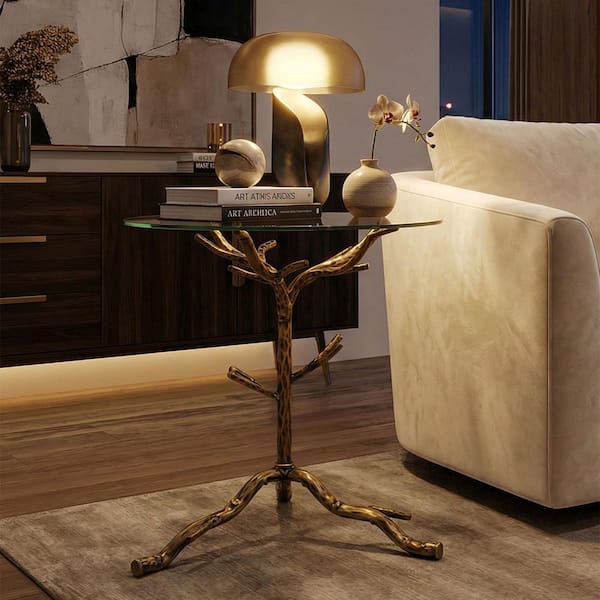 21 in. Gold Round Metal End Table with Marble Tempered Glass Top