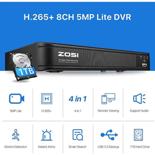 ZOSI 8-Channel Surveillance DVR Recorder with 1TB HDD for Wired HD