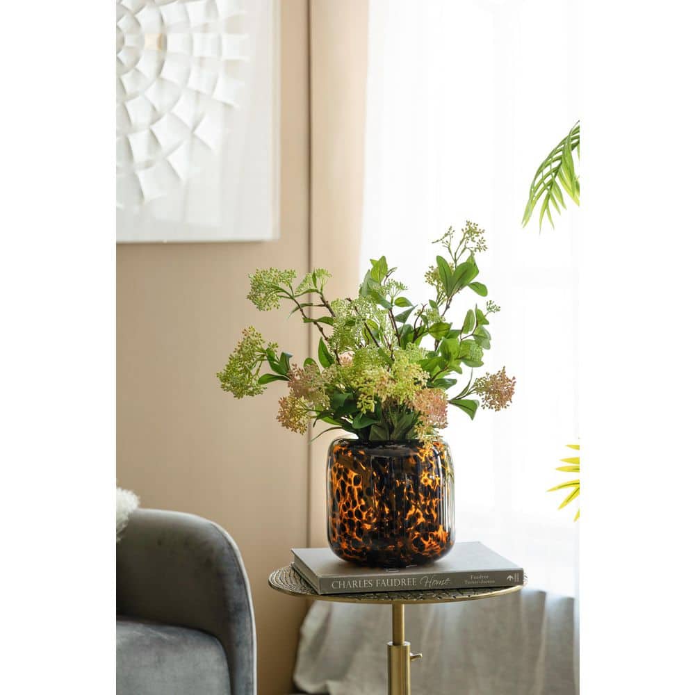 7.90 in. Brown and Amber Glass Cylinder Vase with Cheetah Motif