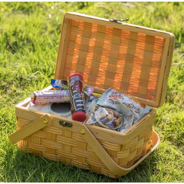 Vintiquewise Small Woodchip Wooden Picnic Basket with Cover and