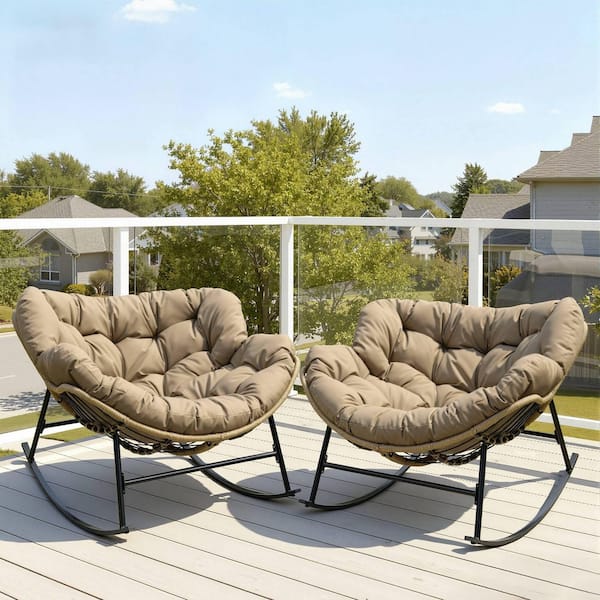 Unbranded 2-Pieces Oversized PE Wicker Outdoor Rocking Chair Papasan Lounge Chair with Brown 5.1 in. Thick Cushion