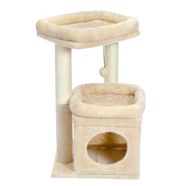 cenadinz Medium Cat 27.6 in. H Indoor Small Natural Sisal Plush Cat Tower in Beige