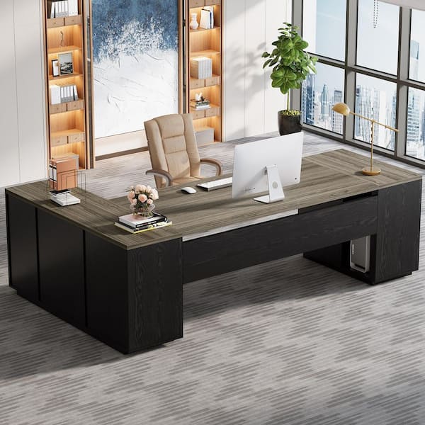 BYBLIGHT Capen 85.8 in. Gray and Black L-Shaped Executive Desk