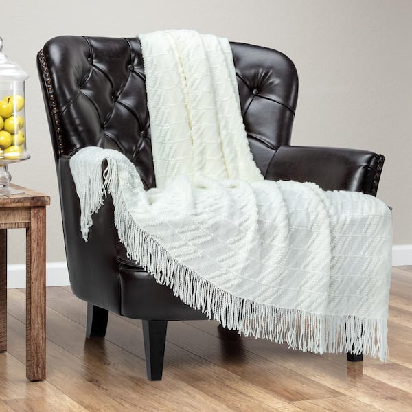 Textured White Cloud Bevel Knit Acrylic Throw Blanket with Tassels, 50 x 65 in.