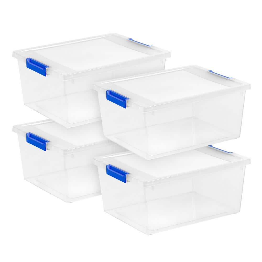 Clear Stackable Plastic Storage Boxes with Blue Latches, 12 Qt, Set of 4