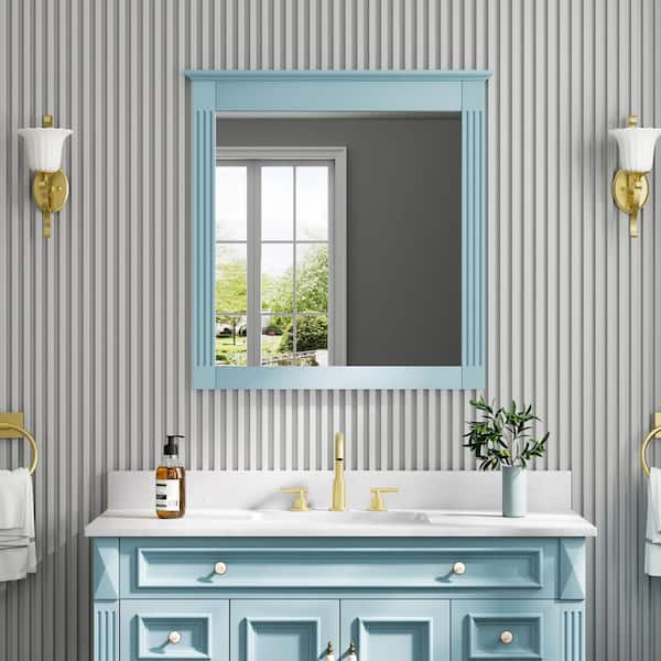 32 in. W x 33 in. H Rectangular Solid Wood Framed Wall Mounted Moisture-proof Bathroom Vanity Mirror in Blue,Easy Hang