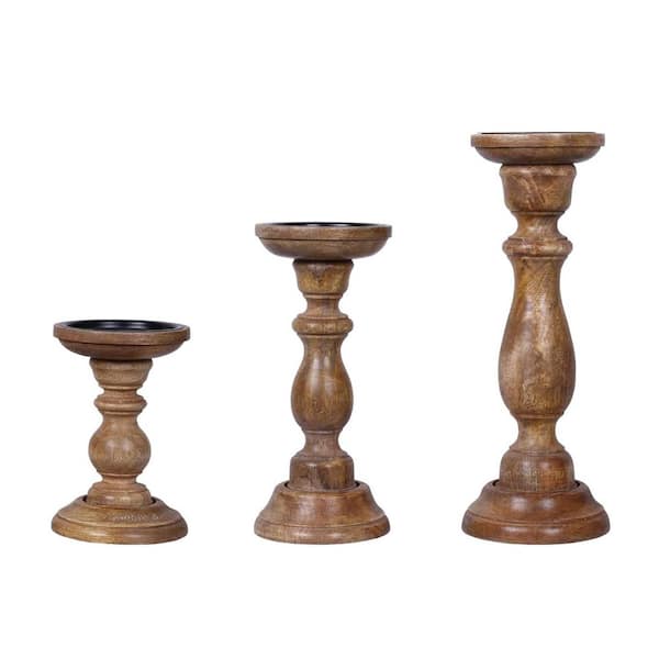 Unbranded Brown Rustic Wood Pillar Candlestick Holders 3-Pack