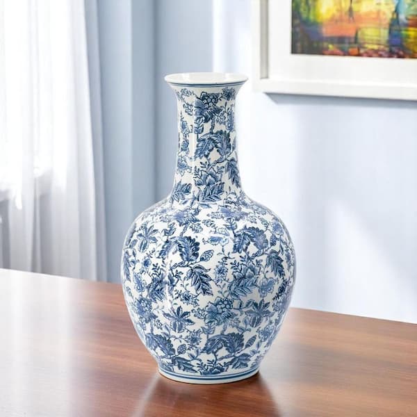 8 in. Vintage Chinoiserie Blue White Ceramic Antique Decorative