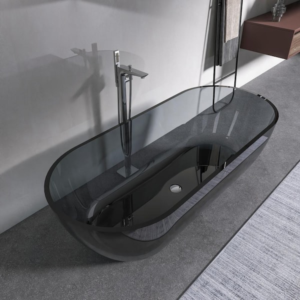 Moray 69 in. x 29.5 in. Solid Surface Stone Resin Flatbottom Freestanding Soaking Bathtub in Translucent black