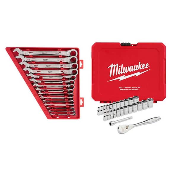 Milwaukee SAE Ratcheting Combination Wrench Set with 1/4 in. Drive SAE/Metric Ratchet and Socket Mechanics Tool Set (40-Piece)