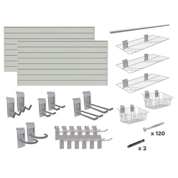 CROWNWALL Super Bundle 48 in. H x 96 in. W Slatwall Kit in Graphite PVC 64  sq. ft. with 25-Piece Accessory Kit BD688GRA25SB-K The Home Depot