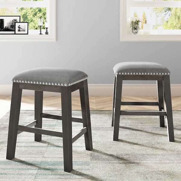 GOJANE 24.00 in. Gray Rustic Farmhouse Dining Room Wooden Stools with Trim, Set of 2