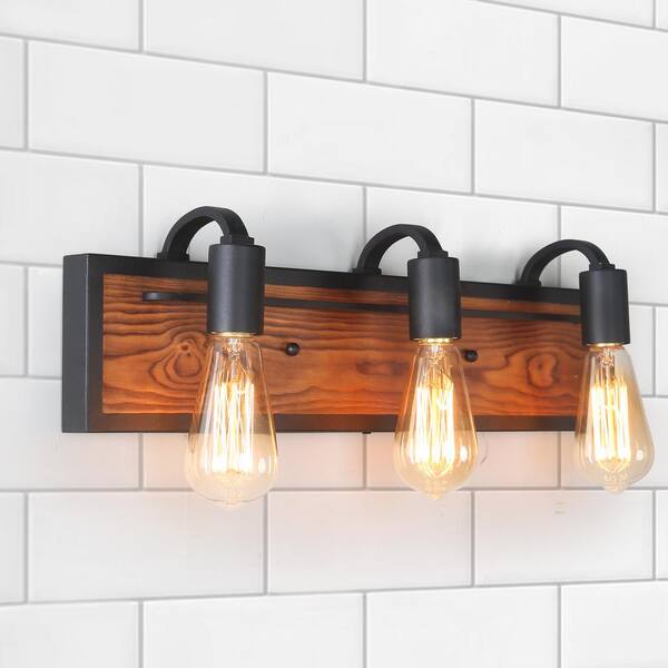 LNC Rustic Farmhouse Bathroom 3-Light Matte Black and Natural Wood Vanity Light Modern Industrial Water Pipe Wall Sconce
