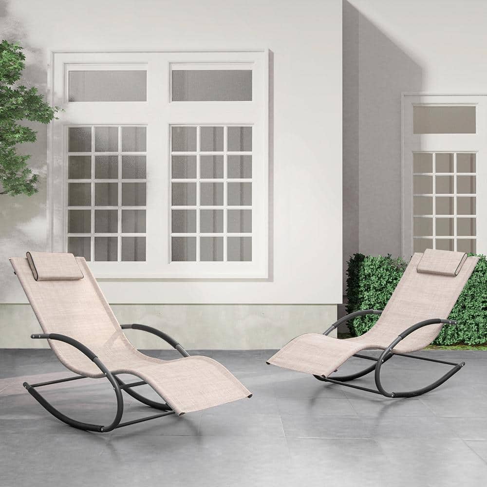 Beige Powder-Coated Steel Curved Rocker Chaise Lounge with Cushions