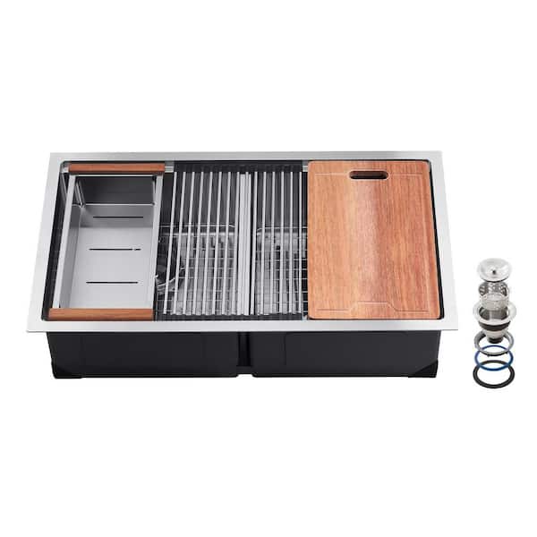 33 in. Kitchen Sink Workstation, 304 Stainless Steel Undermount, Double Bowl Farmhouse Sink with Ledge & Accessories