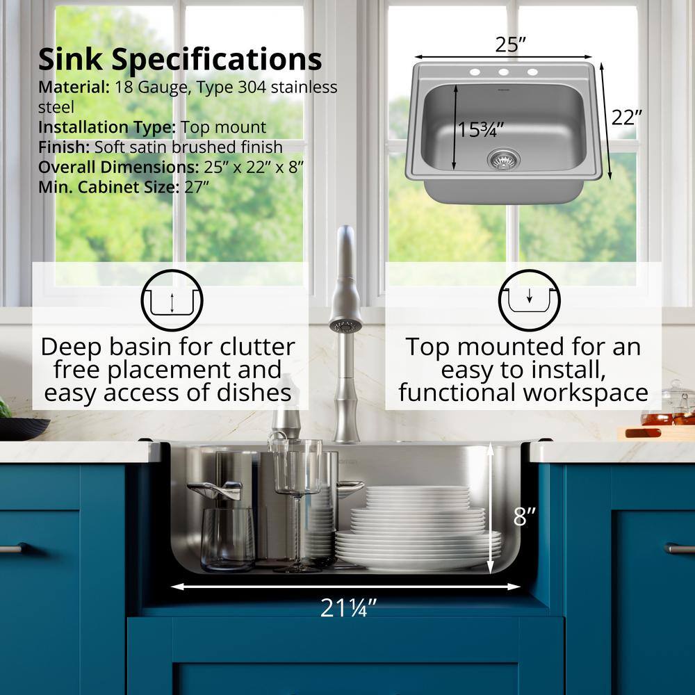 Karran 25" Satin Brushed Stainless Steel Single Bowl Kitchen Sink Kit
