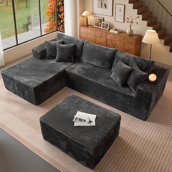 BP 108 in. Wide Arm 2-Piece Modern Plush Corduroy L-Shape Modular Sectional Sofa in. Gray with Right Chaise and Ottoman