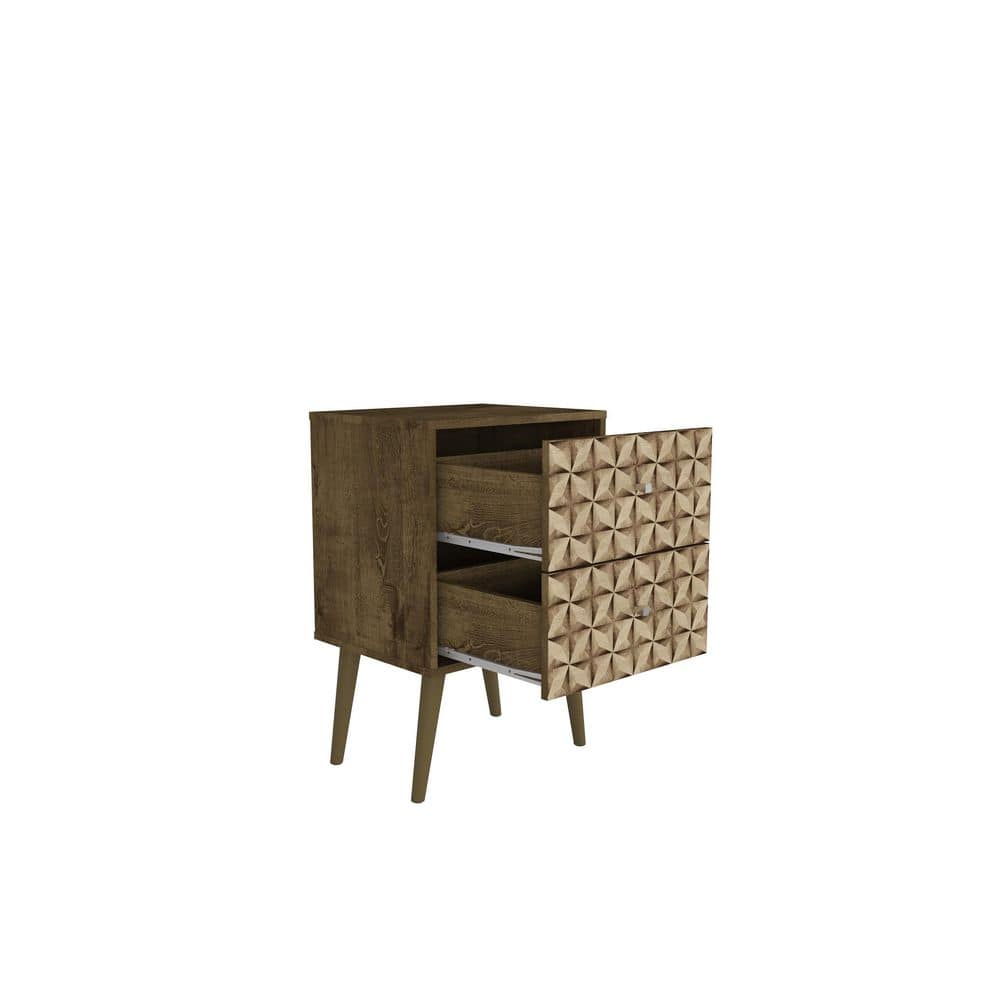 Rustic Brown & 3D Prints Mid-Century Modern 2-Drawer Nightstand