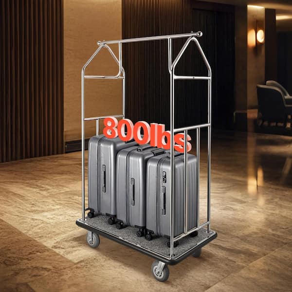 Hotel Luggage Cart, 800 lbs. Load Capacity, Brushed Stainless Steel Finish Bellman's Cart, Valet Cart with Carpeted Deck