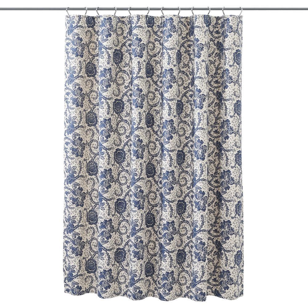 VHC BRANDS Dorset 72 in Navy Creme Blue Floral Shower Curtain 81259