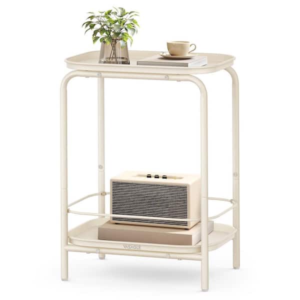 Unbranded Cream White Metal 2-Tier Outdoor Accent Side Table, Modern Tray End Table with Storage for Living Room and Bedroom