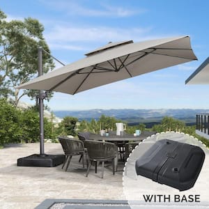 12 ft. Square Olefin 2-Tier Aluminum Cantilever 360-Degree Rotation Patio Umbrella with Base, Light Gray